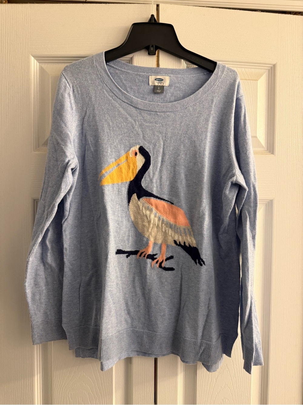 Large Old Navy Brand Light Blue Pullover Sweater with Pelican Motif